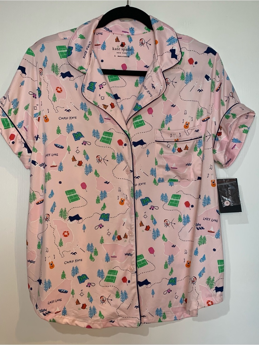 Kate Spade NWT Large 2pc Pink CAMP Print Short-Sleeve Shorts Set Pajamas